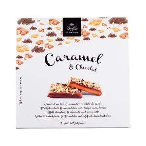 Caramel, chocolat au lait, amandes et éclats de cacao
