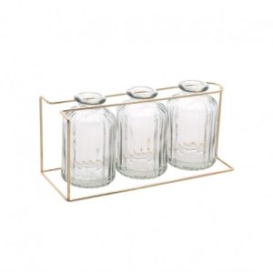 3 VASES VERRE TRANSPARENTS SUR SUPPORT METAL OR