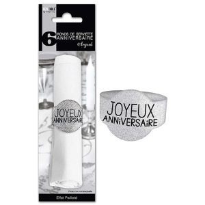 6 RONDS DE SERVIETTE PAILLETTÉS “JOYEUX ANIVERSAIRE” ARGENT